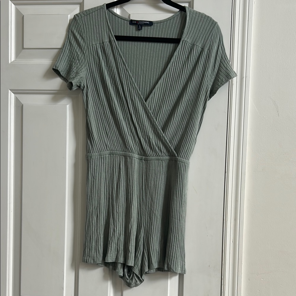 Green Ribbed Short Sleeve Romper